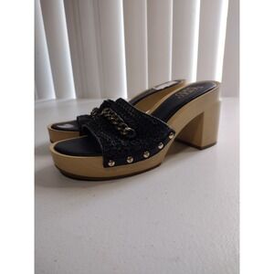 Franco Sarto Black Woven Platform Wooden Block Heel Clogs Sandals Women 7.5‎